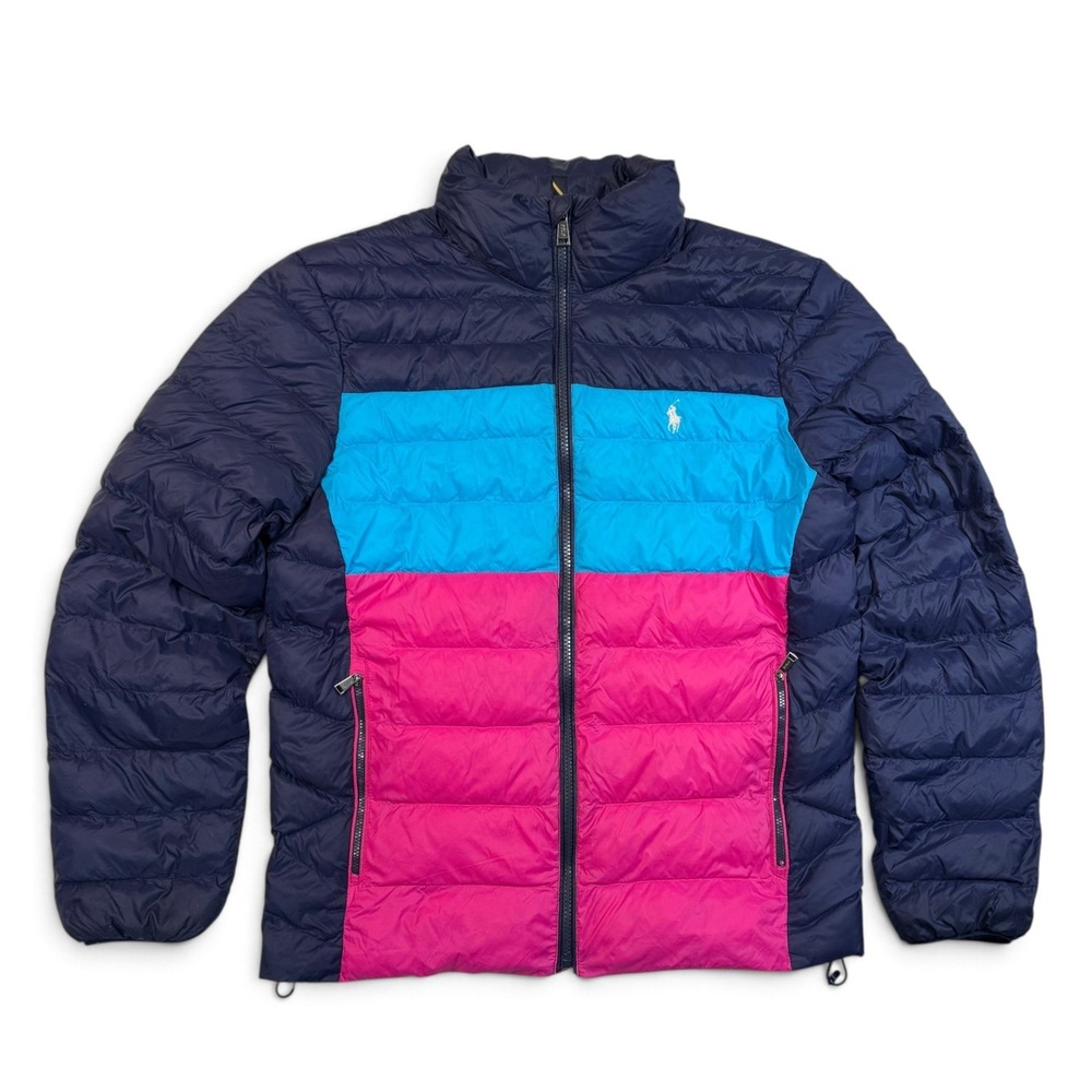 Polo Ralph Lauren Mens Puffer Jacket Navy Pink Blue Colorblock Quilted Small